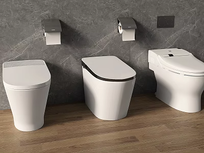 Three White Toilets in Modern Bathroom with Grey Wall Wooden Floor and Toilet Paper Holders 3d model