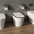 Three White Toilets in Modern Bathroom with Grey Wall Wooden Floor and Toilet Paper Holders