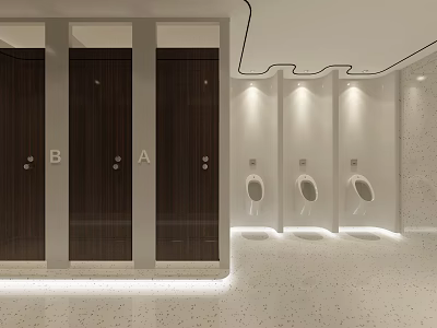 Modern Public Restroom Interior With Stalls Urinals Recessed Lighting And White Wall Panels 3d model