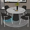 Modern Round Dining Table With Marble Top Dark Base Black Chairs Green Plants