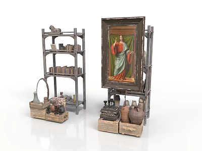 Multi Tiered Curio Shelf With Framed Art Books Clay Jars And Basket 3d model