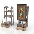 Multi Tiered Curio Shelf With Framed Art Books Clay Jars And Basket