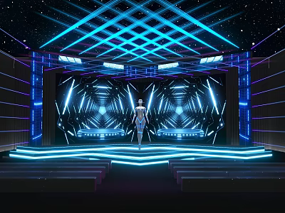 Futuristic Stage Design With Neon Blue Lighting Geometric Patterns And LED Background 3d model