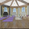 Indoor Yoga Fitness Studio With Purple Mats Wooden Floor And Stone Walls