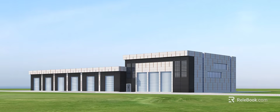 Industrial Factory Building With Roll Up Doors And Green Lawn Front View 3d model 