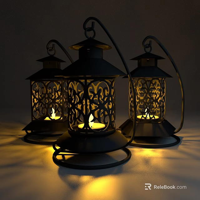 Three Black Metal Vintage Style Outdoor Lights With Intricate Cutout Patterns Lit Inside 3d model 