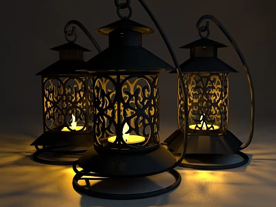 Three Black Metal Vintage Style Outdoor Lights With Intricate Cutout Patterns Lit Inside 3d model