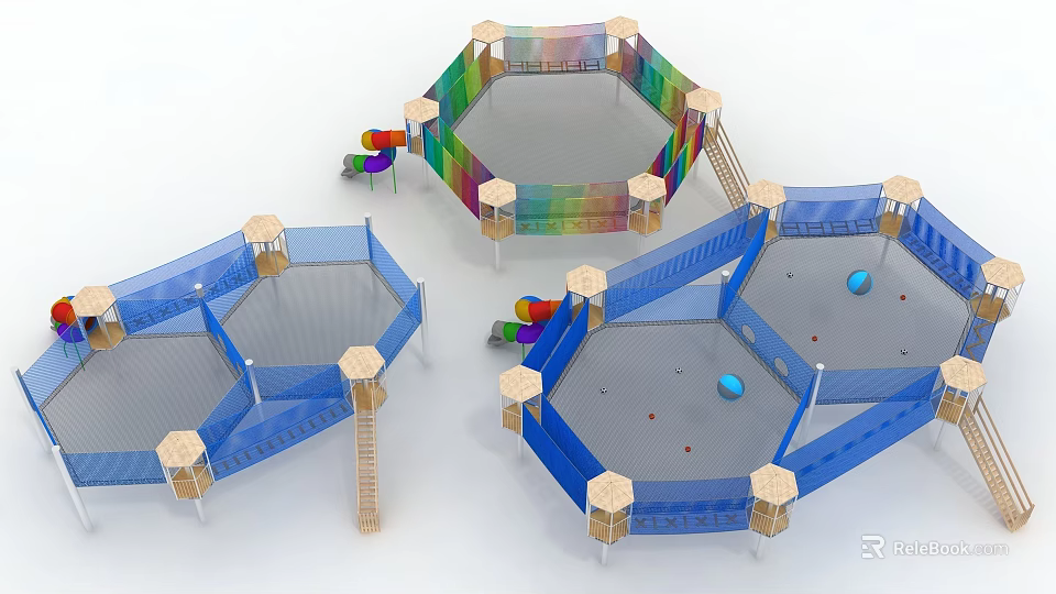 Hexagonal Playground Equipment with Colorful Net Surfaces and Safe Climbing Elements for Kids 3d model 