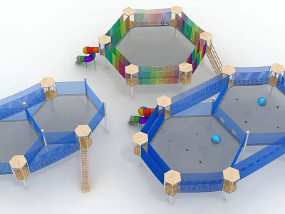 Hexagonal Playground Equipment with Colorful Net Surfaces and Safe Climbing Elements for Kids 3d model