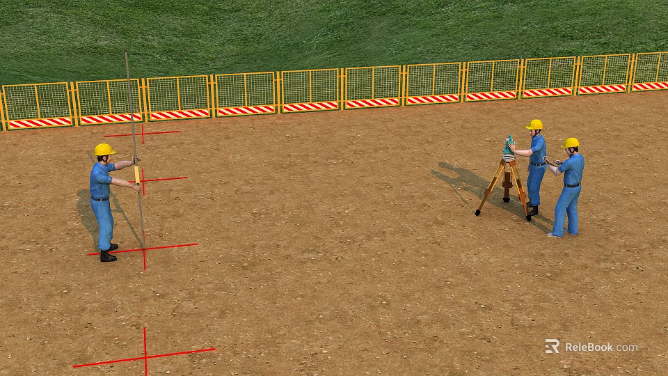 Modern Construction Site Workers Measuring With Red Marking Lines And Safety Barriers 3d model 