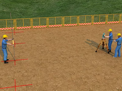 Modern Construction Site Workers Measuring With Red Marking Lines And Safety Barriers 3d model