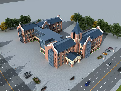 Red Brick School Building With Blue Roof Tower Surrounding Trees And Parking Cars 3d model