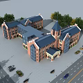 Red Brick School Building With Blue Roof Tower Surrounding Trees And Parking Cars