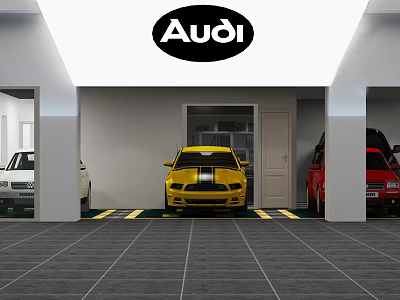 Audi 4S Store Showcasing Yellow White And Red Cars In Modern Garage 3d model