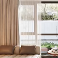 Sheer And Thick Beige Curtains Enhance Cozy Living Room With Sofa Tea Table And Garden