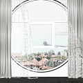Gray Curtains And White Sheer Curtains For Round Window With Ocean View And Decorative Branch
