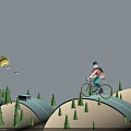 Cartoon Game Character Riding Bicycle Along Road With Trees Sun Clouds And Bus