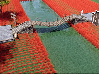 Scenic Wooden Landscape Bridge Over Small River Amid Red Flower Fields And Stone Path 3d model