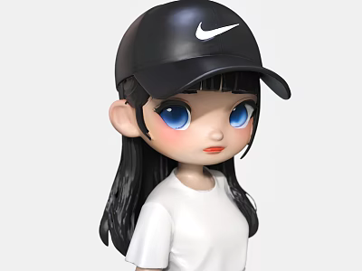 Cute Cartoon Girl Ornament Set With Black Nike Cap Long Black Hair White T-shirt 3d model