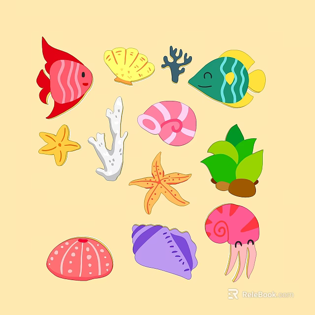 Colorful Ocean Themed Wall Decor With Shells Starfish Fish And Coral 3d model 
