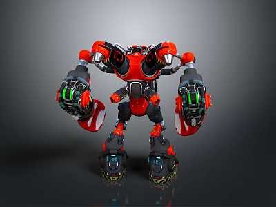 Red and Black Mechanical Game and Movie Character with Large Arms and Green Accents 3d model