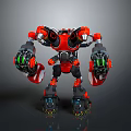 Red and Black Mechanical Game and Movie Character with Large Arms and Green Accents