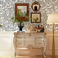 White Carved Console Table With Decorative Items On Black White Patterned Wallpaper And Floor Lamp 3d model