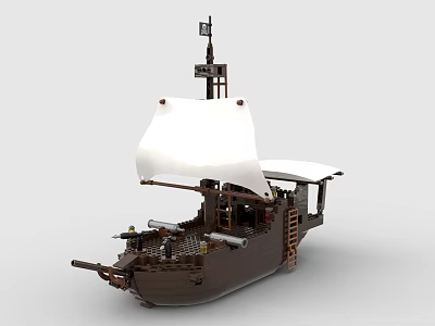 Brick Pirate Ship Model With White Sail Black Flag Cannons Ladder And Minifigures 3d model