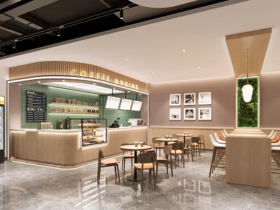 Modern Café Interior Design With Bar Counter Display Screens Framed Artworks Tables Chairs Green Plant 3d model