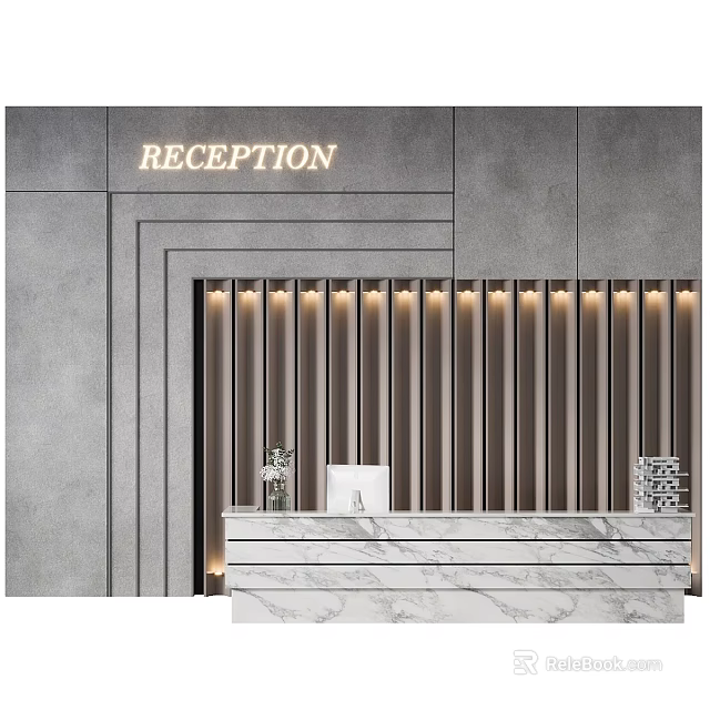 Modern Reception Background Wall with Vertical Stripes Gray Finish Lighting and Marble Counter 3d model