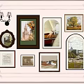 Gallery Wall with Various Framed Artworks and Decorative Wall Sconce 3d model