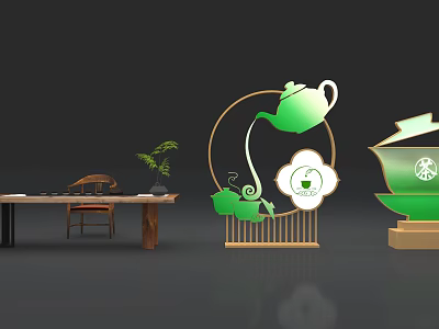 Elegant Tea Break Area Interior With Green Teapot Wooden Table And Decorative Plants 3d model