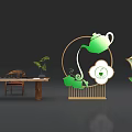 Elegant Tea Break Area Interior With Green Teapot Wooden Table And Decorative Plants