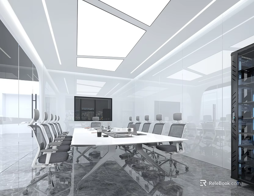Modern Conference Room With Long Table Chairs Large Screen And Glass Partitions 3d model 