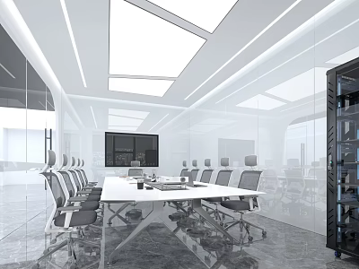 Modern Conference Room With Long Table Chairs Large Screen And Glass Partitions 3d model