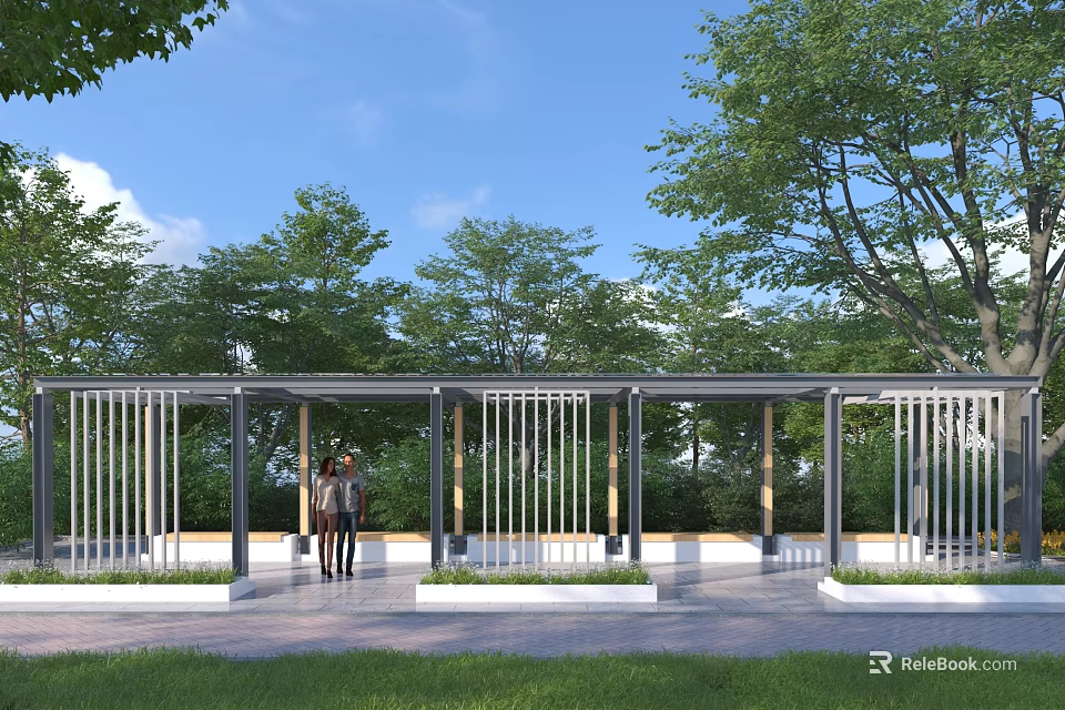 Outdoor Pergola With Wooden Frame White Railings And People Resting Under Blue Sky Among Trees 3d model 