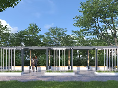 Outdoor Pergola With Wooden Frame White Railings And People Resting Under Blue Sky Among Trees 3d model