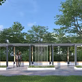 Outdoor Pergola With Wooden Frame White Railings And People Resting Under Blue Sky Among Trees