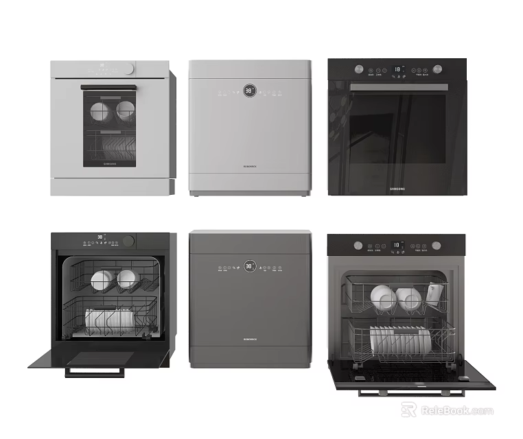 Modern Kitchen Appliances Featuring Various Dishwasher Styles With Stainless And Black Finishes 3d model 