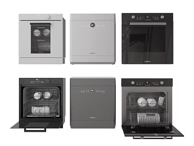 Modern Kitchen Appliances Featuring Various Dishwasher Styles With Stainless And Black Finishes 3d model