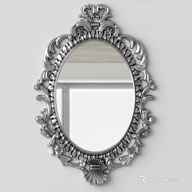 Ornate Silver Oval Mirror With Intricate Scrollwork Frame And Decorative Design 3d model
