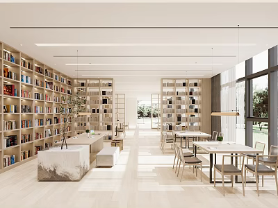 Artistic Library Space With Bookcases Tables And Natural Light 3d model