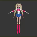 Game Movie Character With Blonde Twin Ponytails Blue White Sailor Uniform Pink Boots Red Bow