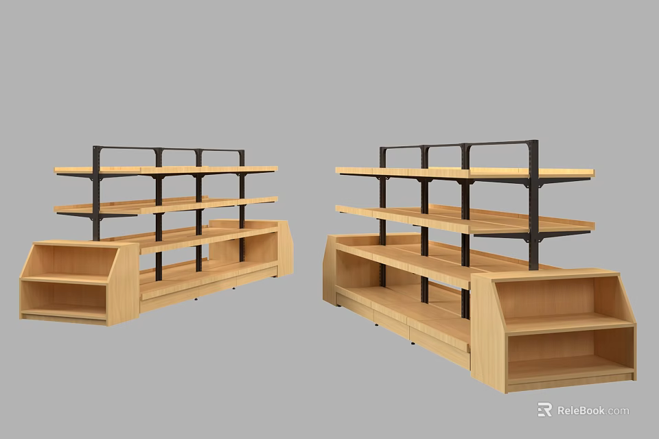 Two Wooden Display Shelves With Black Metal Frames And Multiple Retail Racks 3d model 