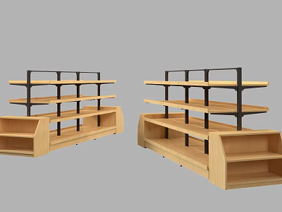 Two Wooden Display Shelves With Black Metal Frames And Multiple Retail Racks 3d model