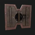 Medieval Shield With Metal Dome Brown Frame And Red Decorative Patterns