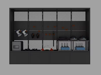 Organized Storage Cabinet With Perforated Board And Various Tools On Shelves 3d model