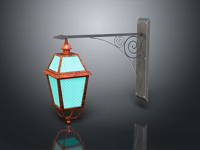 Vintage Furniture Wall Lantern with Copper Frame Blue Glass and Metal Scroll Decoration 3d model