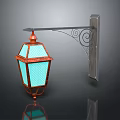 Vintage Furniture Wall Lantern with Copper Frame Blue Glass and Metal Scroll Decoration