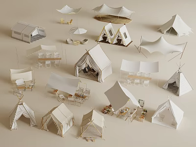 Various Camping Tents With Different Designs And Outdoor Furniture Accessories 3d model